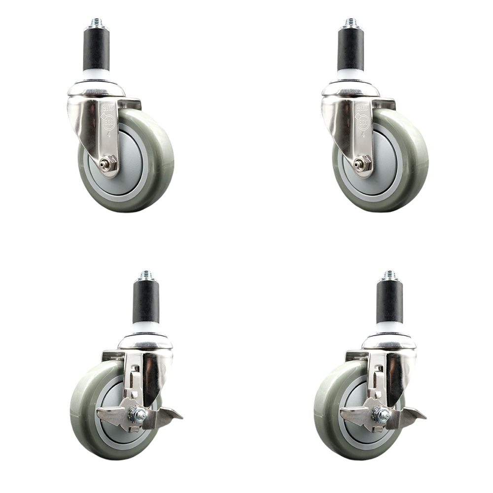 Polyurethane Swivel Stem Caster Set of 4 with 4 Inch Gray Caster Wheels - 1-1/4" Expanding Stems - 316 Stainless Steel Casters-Includes 2 Swivel with Top Lock Brakes and 2 Swivel-Service Caster Brand — photo 1