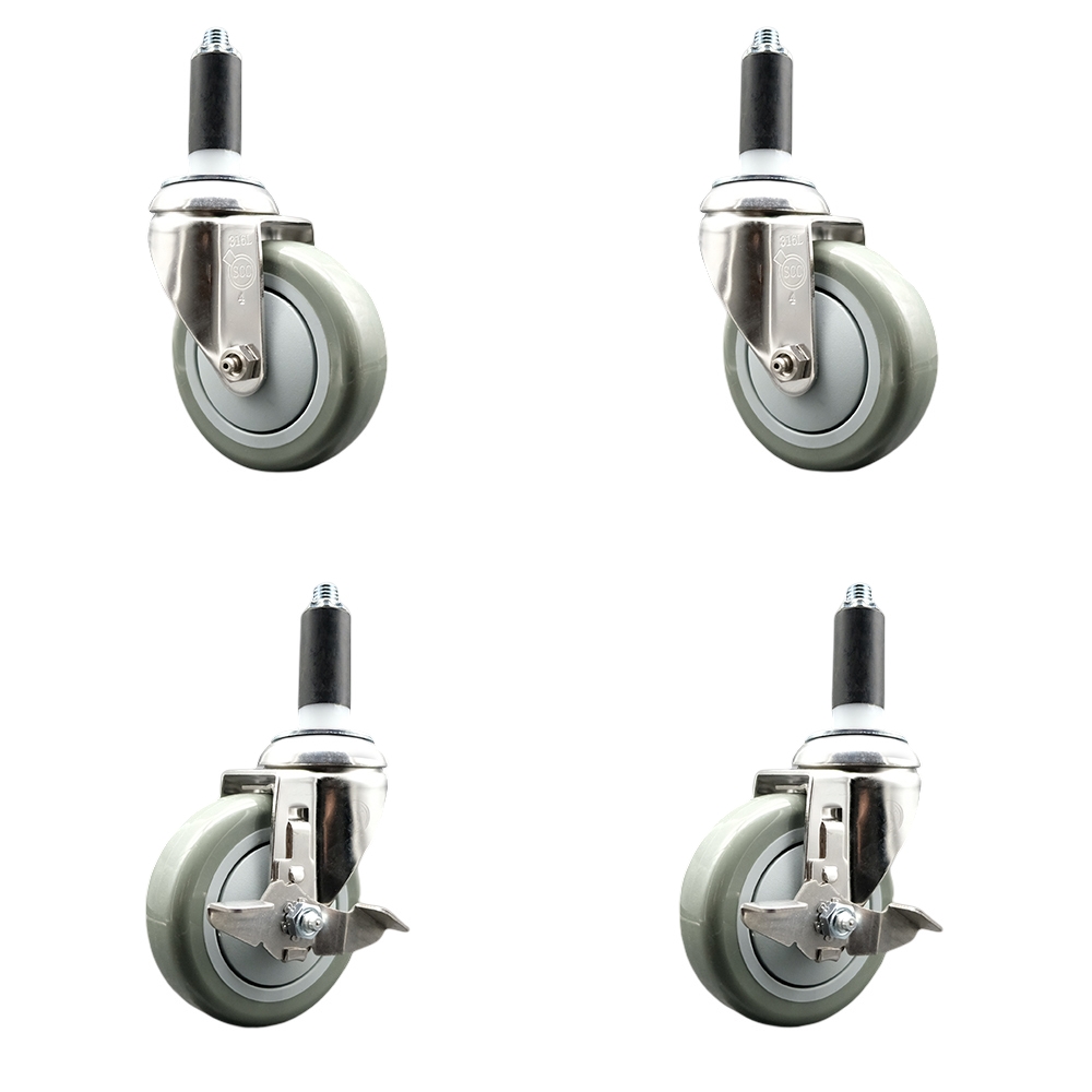 Polyurethane Swivel Stem Caster Set of 4 with 4 Inch Gray Caster Wheels - 1-1/8" Expanding Stems - 316 Stainless Steel Casters-Includes 2 Swivel with Top Lock Brakes and 2 Swivel-Service Caster Brand — photo 1
