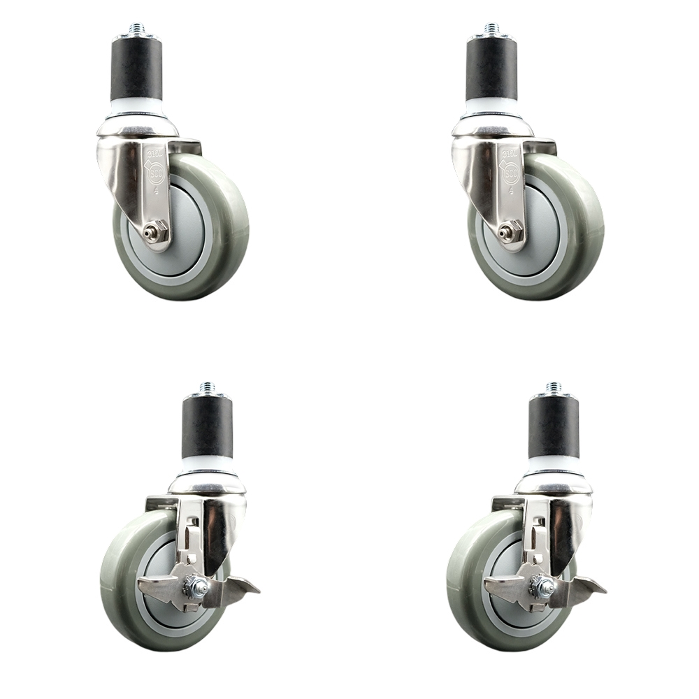 Polyurethane Swivel Stem Caster Set of 4 with 4 Inch Gray Caster Wheels - 1-3/4" Expanding Stems - 316 Stainless Steel Casters-Includes 2 Swivel with Top Lock Brakes and 2 Swivel-Service Caster Brand — photo 1