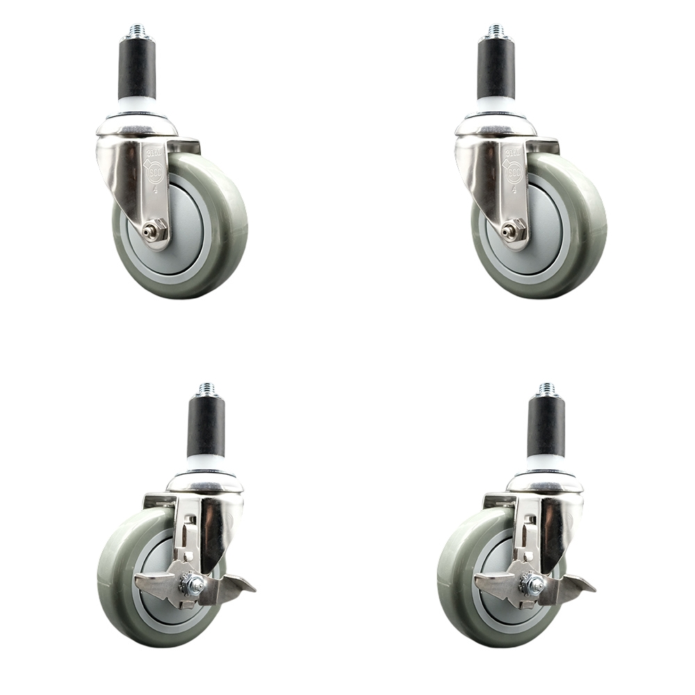 Polyurethane Swivel Stem Caster Set of 4 with 4 Inch Gray Caster Wheels - 1-3/8" Expanding Stems - 316 Stainless Steel Casters-Includes 2 Swivel with Top Lock Brakes and 2 Swivel-Service Caster Brand — photo 1
