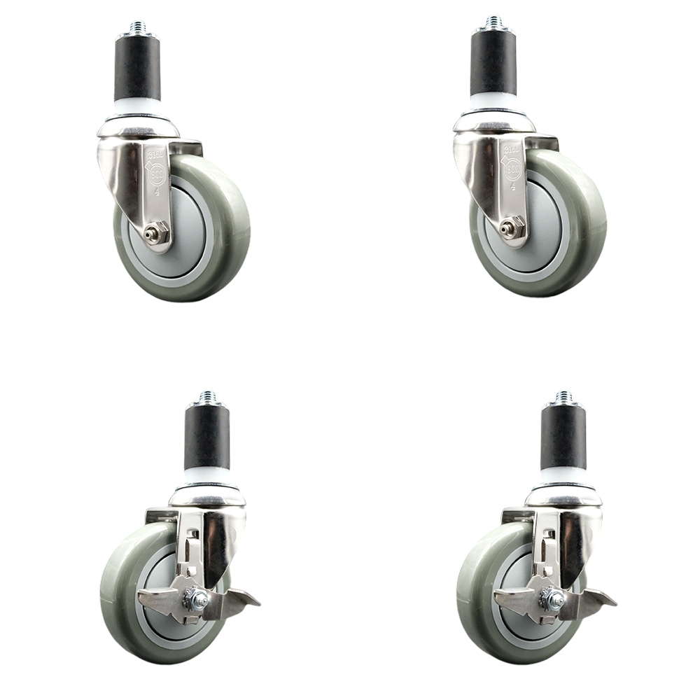 Polyurethane Swivel Stem Caster Set of 4 with 4 Inch Gray Caster Wheels - 1-5/8" Expanding Stems - 316 Stainless Steel Casters-Includes 2 Swivel with Top Lock Brakes and 2 Swivel-Service Caster Brand — photo 1