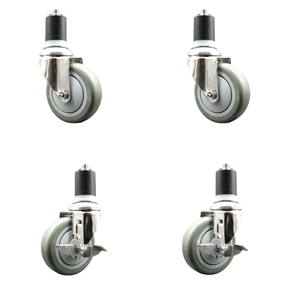 Polyurethane Swivel Stem Caster Set of 4 with 4 Inch Gray Caster Wheels - 1-7/8" Expanding Stems - 316 Stainless Steel Casters-Includes 2 Swivel with Top Lock Brakes and 2 Swivel-Service Caster Brand — photo 1