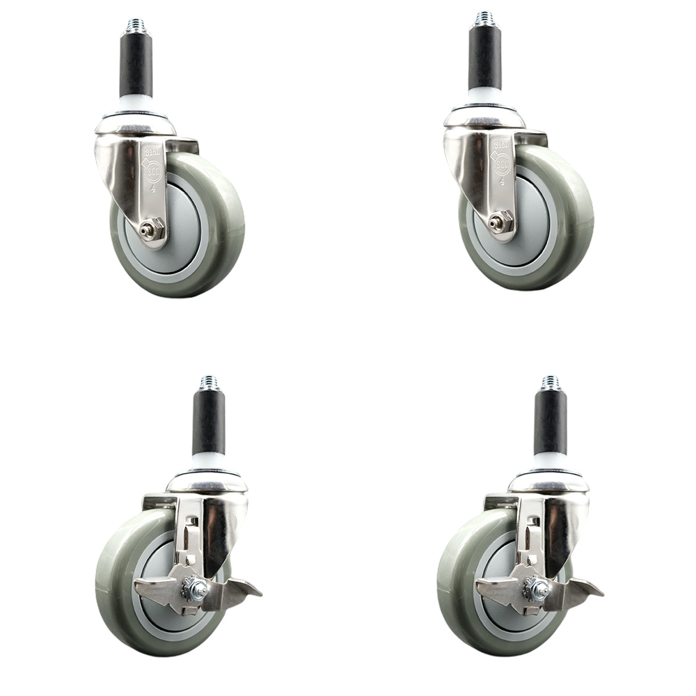 Polyurethane Swivel Stem Caster Set of 4 with 4 Inch Gray Caster Wheels - 1" Expanding Stems - 316 Stainless Steel Casters - Includes 2 Swivel with Top Lock Brakes and 2 Swivel - Service Caster Brand — photo 1