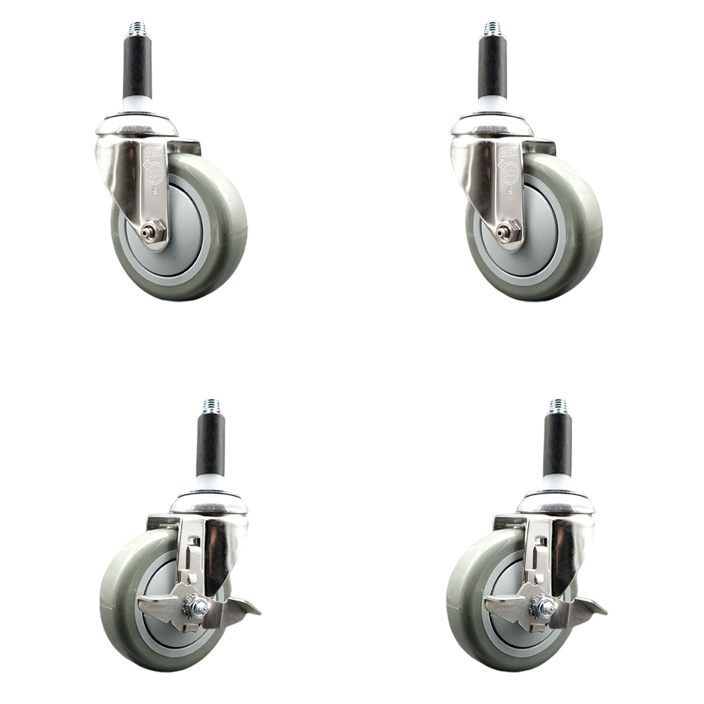 Polyurethane Swivel Stem Caster Set of 4 with 4 Inch Gray Caster Wheels - 3/4" Expanding Stems - 316 Stainless Steel Casters - Includes 2 Swivel with Top Lock Brakes and 2 Swivel-Service Caster Brand — photo 1