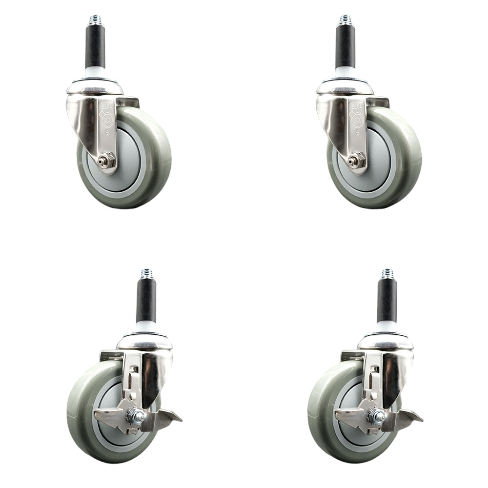 Polyurethane Swivel Stem Caster Set of 4 with 4 Inch Gray Caster Wheels - 7/8" Expanding Stems - 316 Stainless Steel Casters - Includes 2 Swivel with Top Lock Brakes and 2 Swivel-Service Caster Brand — photo 1