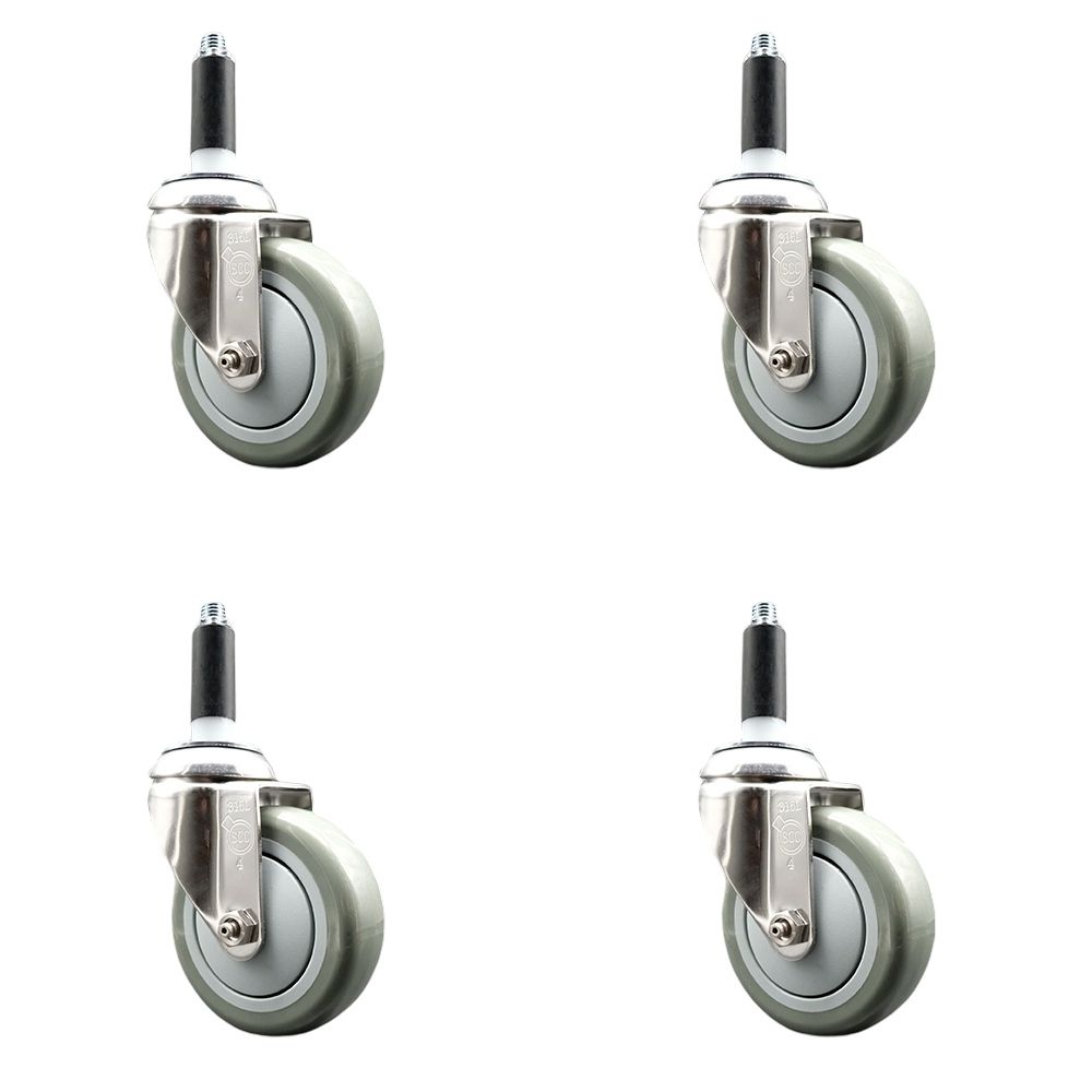 Polyurethane Swivel Stem Caster Set of 4 with 4 Inch Gray Caster Wheels - 3/4" Expanding Stems - 316 Stainless Steel Casters - Includes 4 Swivel Casters - Service Caster Brand — photo 1