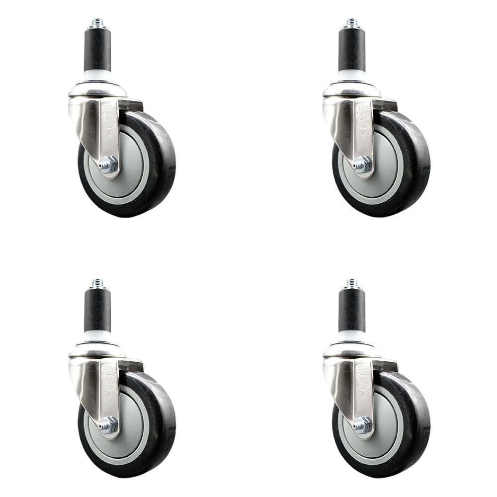 Polyurethane Swivel Stem Caster Set of 4 with 4 Inch Black Caster Wheels - 1-1/4" Expanding Stems - 316 Stainless Steel Casters - Includes 4 Swivel Casters - Service Caster Brand — photo 1