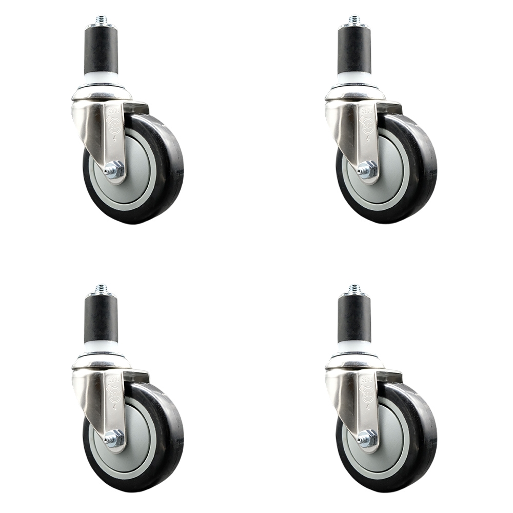 Polyurethane Swivel Stem Caster Set of 4 with 4 Inch Black Caster Wheels - 1-5/8" Expanding Stems - 316 Stainless Steel Casters - Includes 4 Swivel Casters - Service Caster Brand — photo 1