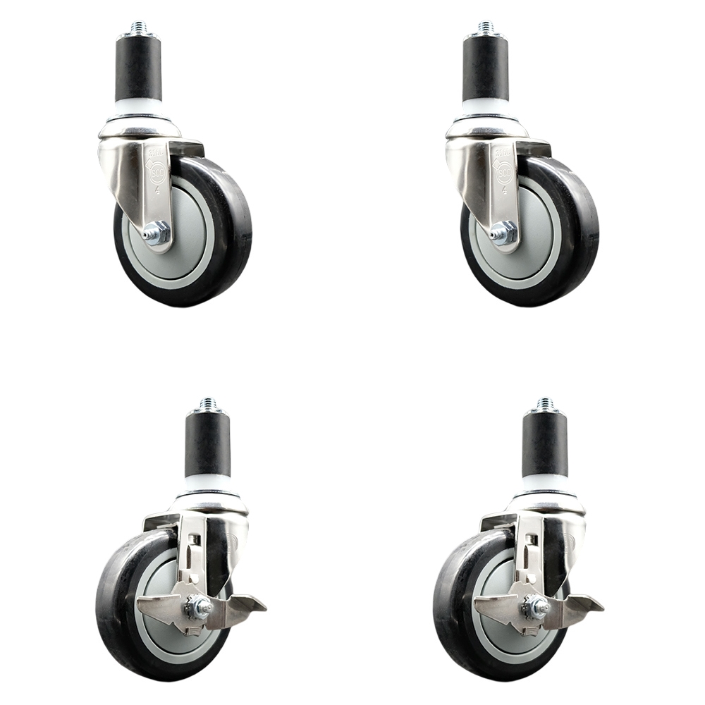 Polyurethane Swivel Stem Caster Set of 4 with 4 Inch Black Caster Wheels - 1-1/2" Expanding Stems - 316 Stainless Steel Casters-Includes 2 Swivel with Top Lock Brakes and 2 Swivel-Service Caster Brand — photo 1