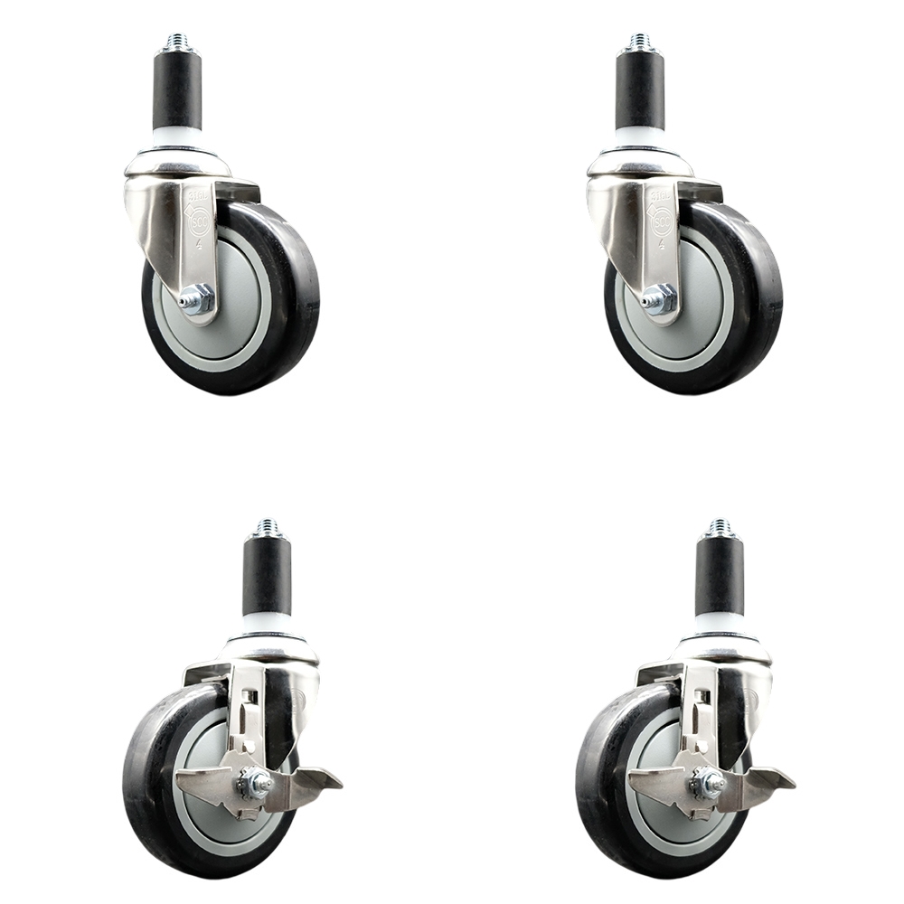 Polyurethane Swivel Stem Caster Set of 4 with 4 Inch Black Caster Wheels - 1-1/4" Expanding Stems - 316 Stainless Steel Casters-Includes 2 Swivel with Top Lock Brakes and 2 Swivel-Service Caster Brand — photo 1