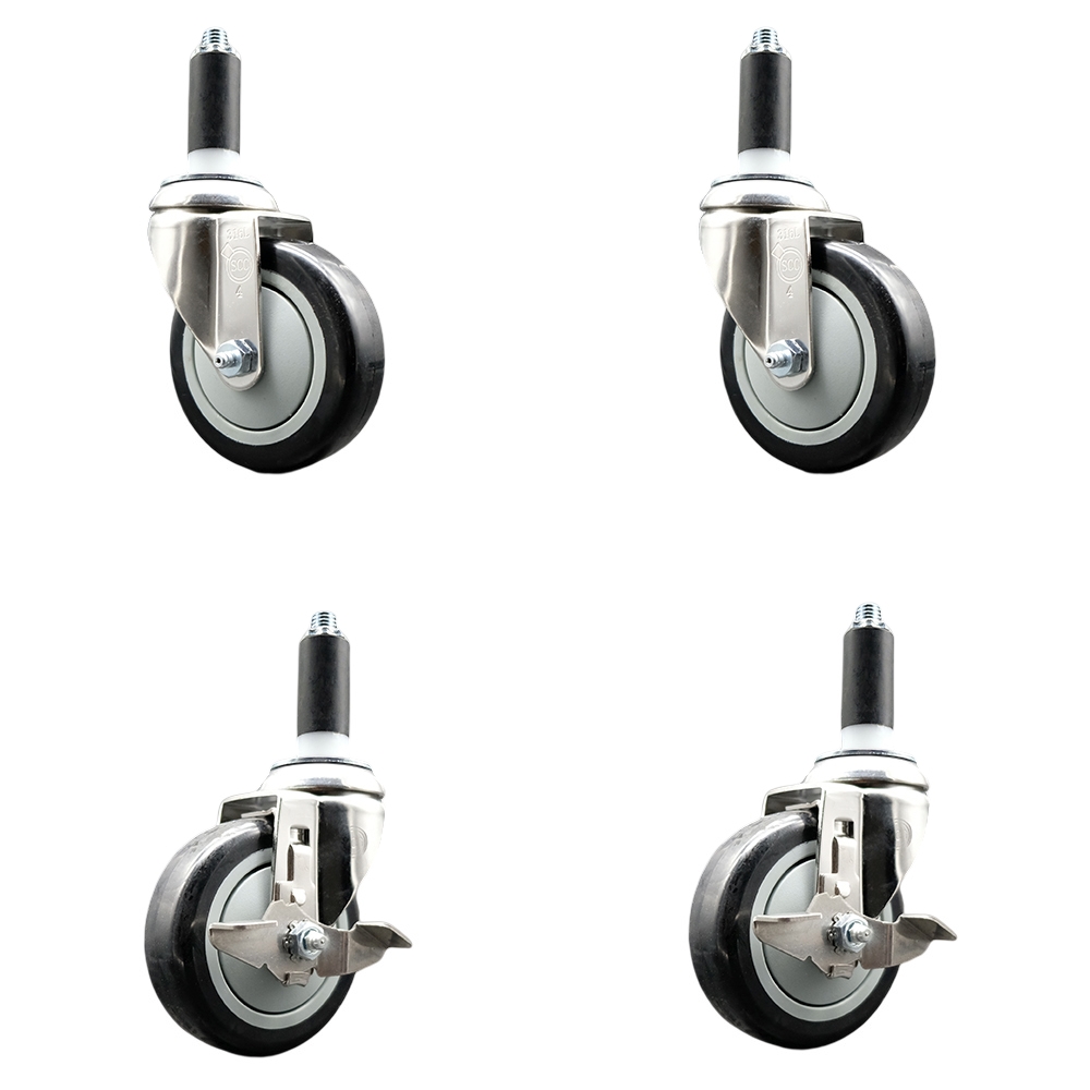 Polyurethane Swivel Stem Caster Set of 4 with 4 Inch Black Caster Wheels - 1-1/8" Expanding Stems - 316 Stainless Steel Casters-Includes 2 Swivel with Top Lock Brakes and 2 Swivel-Service Caster Brand — photo 1