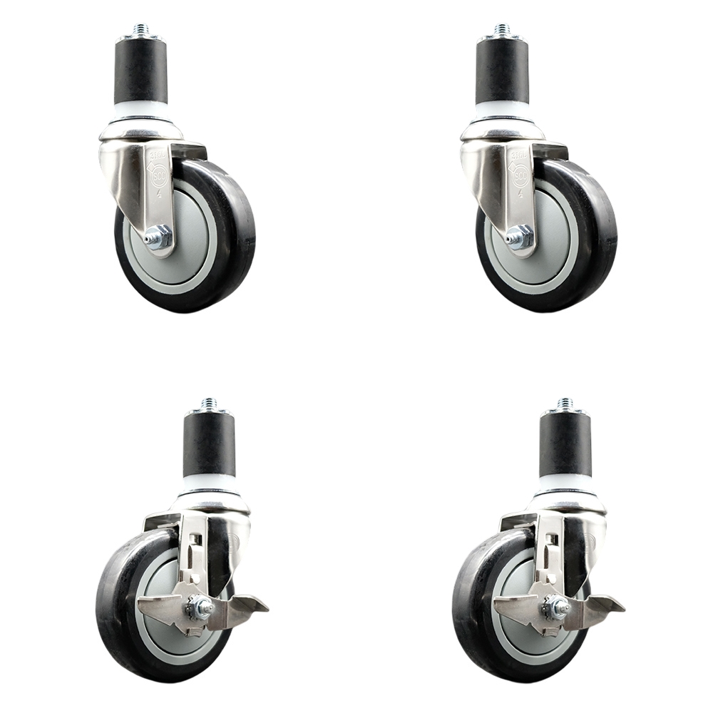 Polyurethane Swivel Stem Caster Set of 4 with 4 Inch Black Caster Wheels - 1-3/4" Expanding Stems - 316 Stainless Steel Casters-Includes 2 Swivel with Top Lock Brakes and 2 Swivel-Service Caster Brand — photo 1