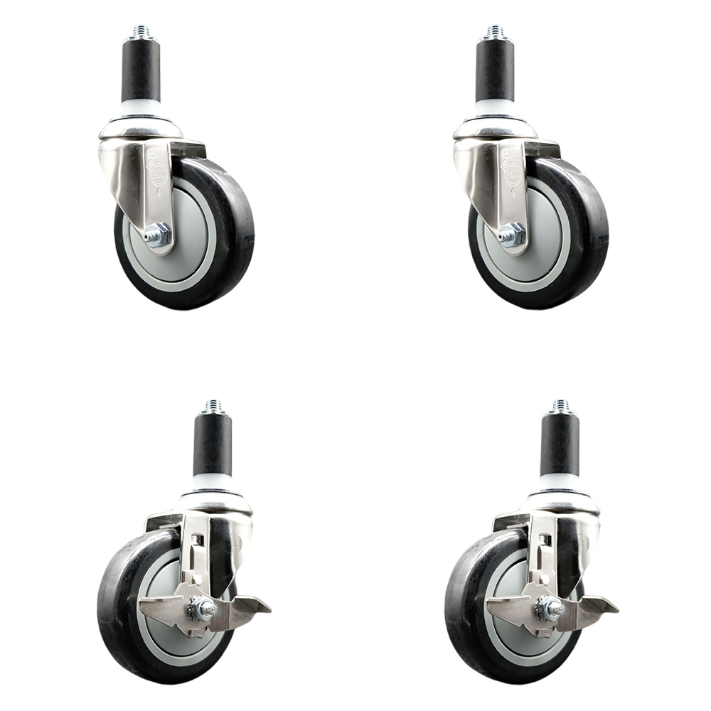 Polyurethane Swivel Stem Caster Set of 4 with 4 Inch Black Caster Wheels - 1-3/8" Expanding Stems - 316 Stainless Steel Casters-Includes 2 Swivel with Top Lock Brakes and 2 Swivel-Service Caster Brand — photo 1