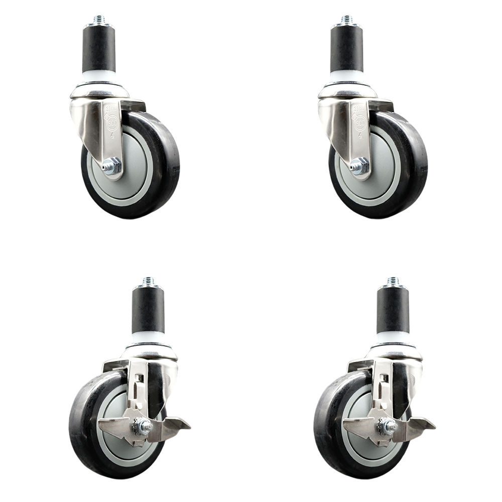 Polyurethane Swivel Stem Caster Set of 4 with 4 Inch Black Caster Wheels - 1-5/8" Expanding Stems - 316 Stainless Steel Casters-Includes 2 Swivel with Top Lock Brakes and 2 Swivel-Service Caster Brand — photo 1