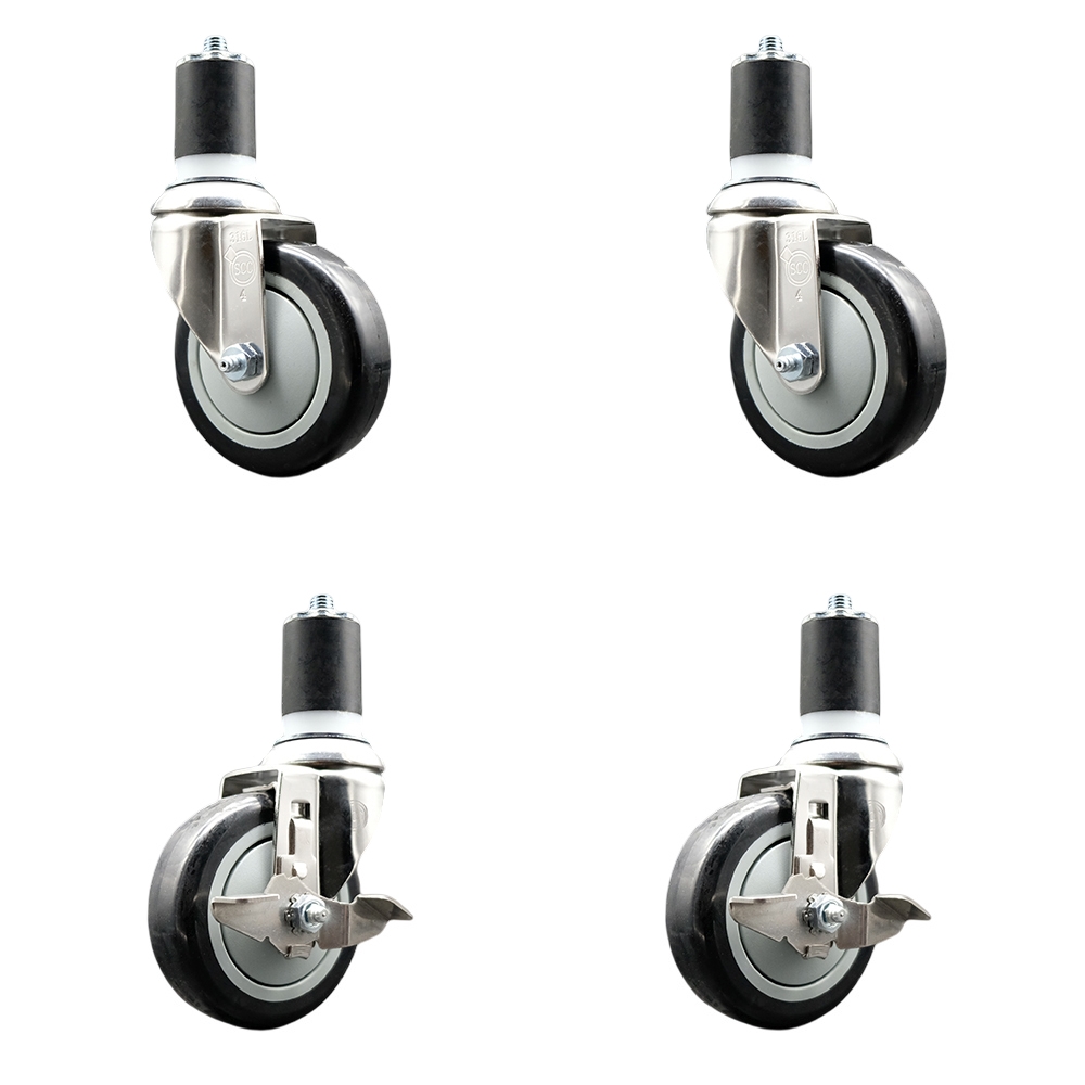 Polyurethane Swivel Stem Caster Set of 4 with 4 Inch Black Caster Wheels - 1-7/8" Expanding Stems - 316 Stainless Steel Casters-Includes 2 Swivel with Top Lock Brakes and 2 Swivel-Service Caster Brand — photo 1