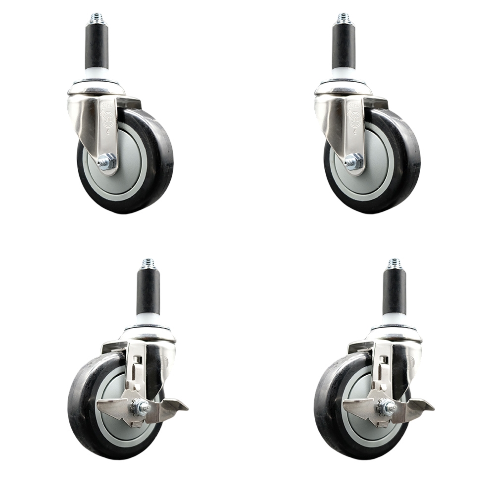 Polyurethane Swivel Stem Caster Set of 4 with 4 Inch Black Caster Wheels - 1" Expanding Stems - 316 Stainless Steel Casters - Includes 2 Swivel with Top Lock Brakes and 2 Swivel - Service Caster Brand — photo 1