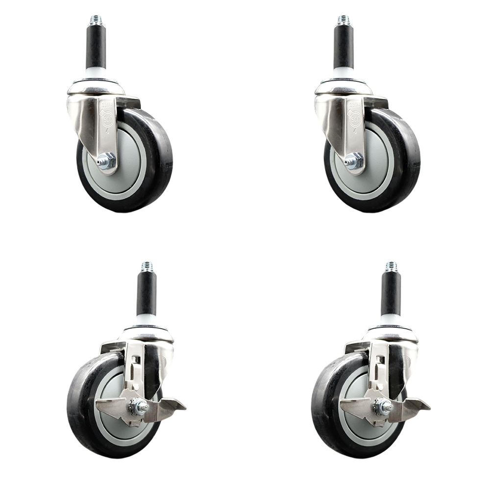 Polyurethane Swivel Stem Caster Set of 4 with 4 Inch Black Caster Wheels - 7/8" Expanding Stems - 316 Stainless Steel Casters - Includes 2 Swivel with Top Lock Brakes and 2 Swivel-Service Caster Brand — photo 1