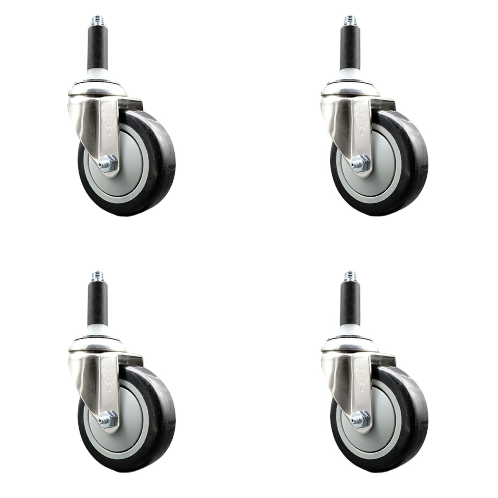 Polyurethane Swivel Stem Caster Set of 4 with 4 Inch Black Caster Wheels - 3/4" Expanding Stems - 316 Stainless Steel Casters - Includes 4 Swivel Casters - Service Caster Brand — photo 1