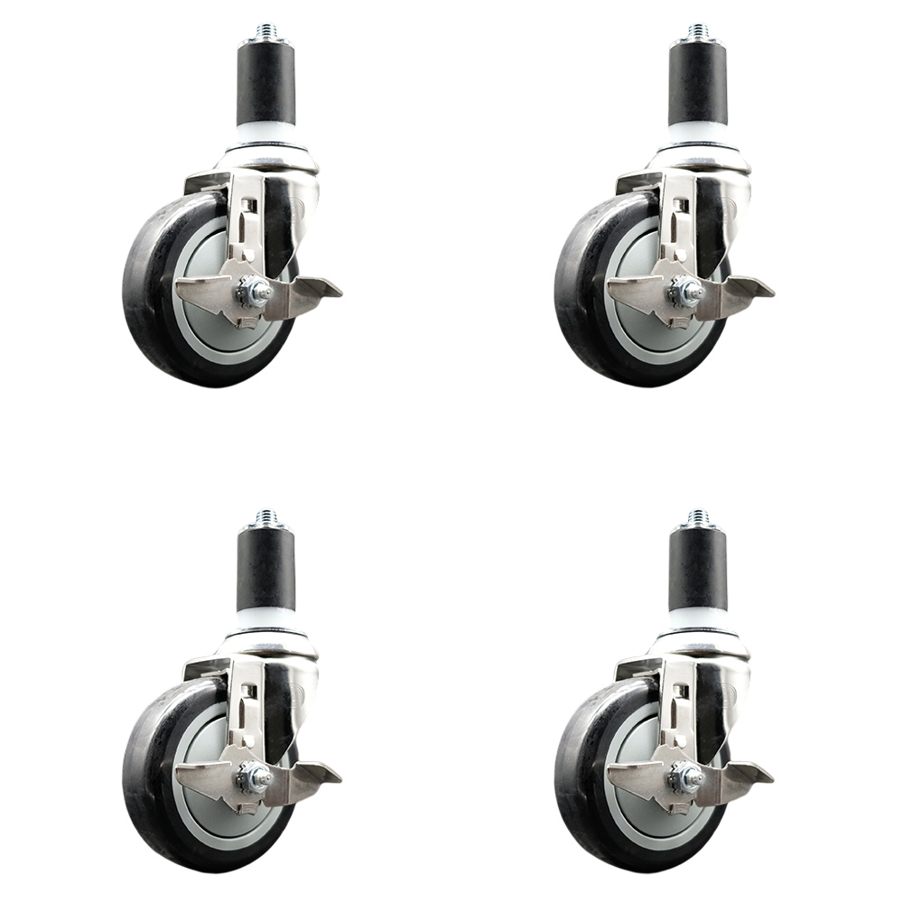 Polyurethane Swivel Stem Caster Set of 4 with 4 Inch Black Caster Wheels - 1-1/2" Expanding Stems - 316 Stainless Steel Casters - Includes 4 Swivel Casters with Top Lock Brakes - Service Caster Brand — photo 1