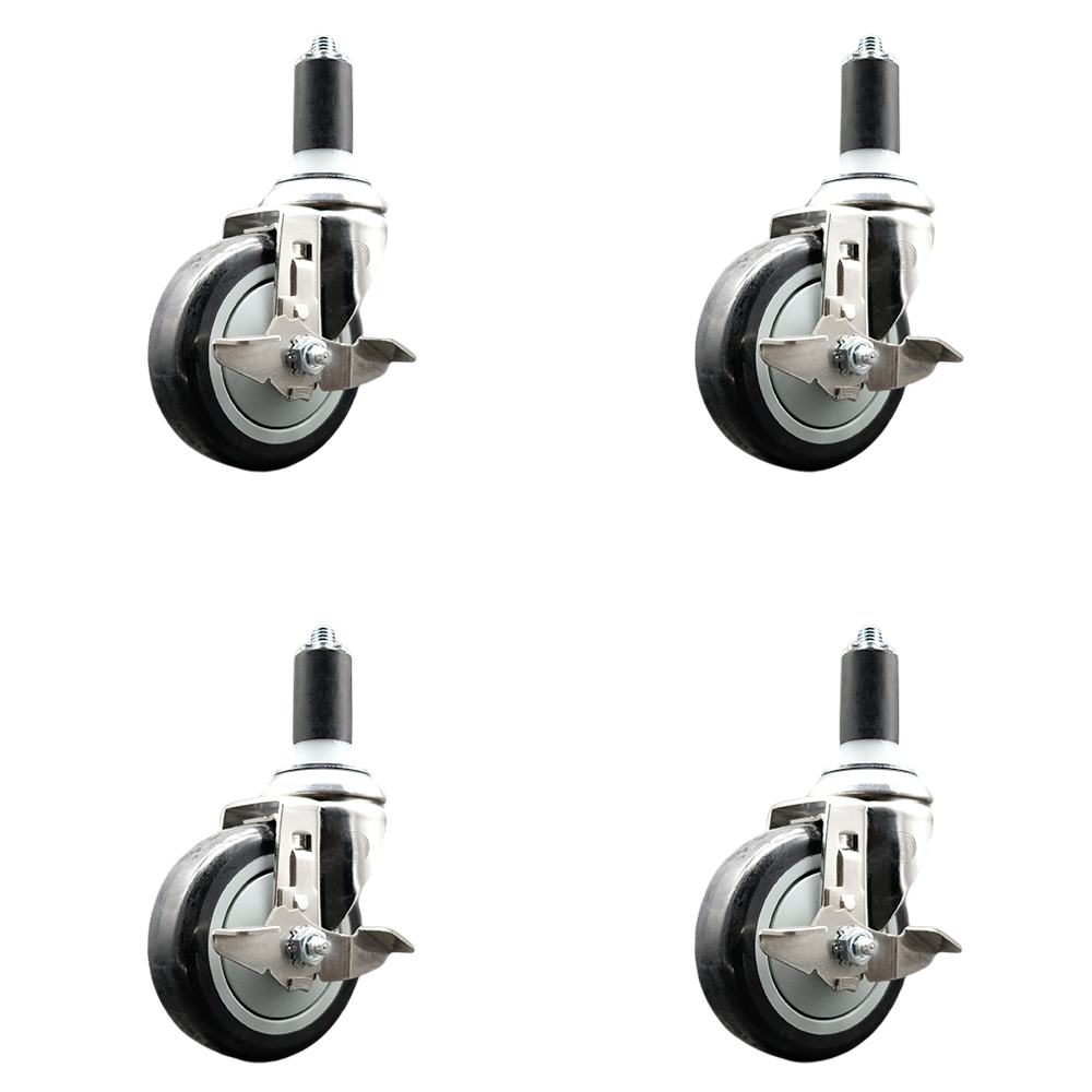 Polyurethane Swivel Stem Caster Set of 4 with 4 Inch Black Caster Wheels - 1-1/4" Expanding Stems - 316 Stainless Steel Casters - Includes 4 Swivel Casters with Top Lock Brakes - Service Caster Brand — photo 1