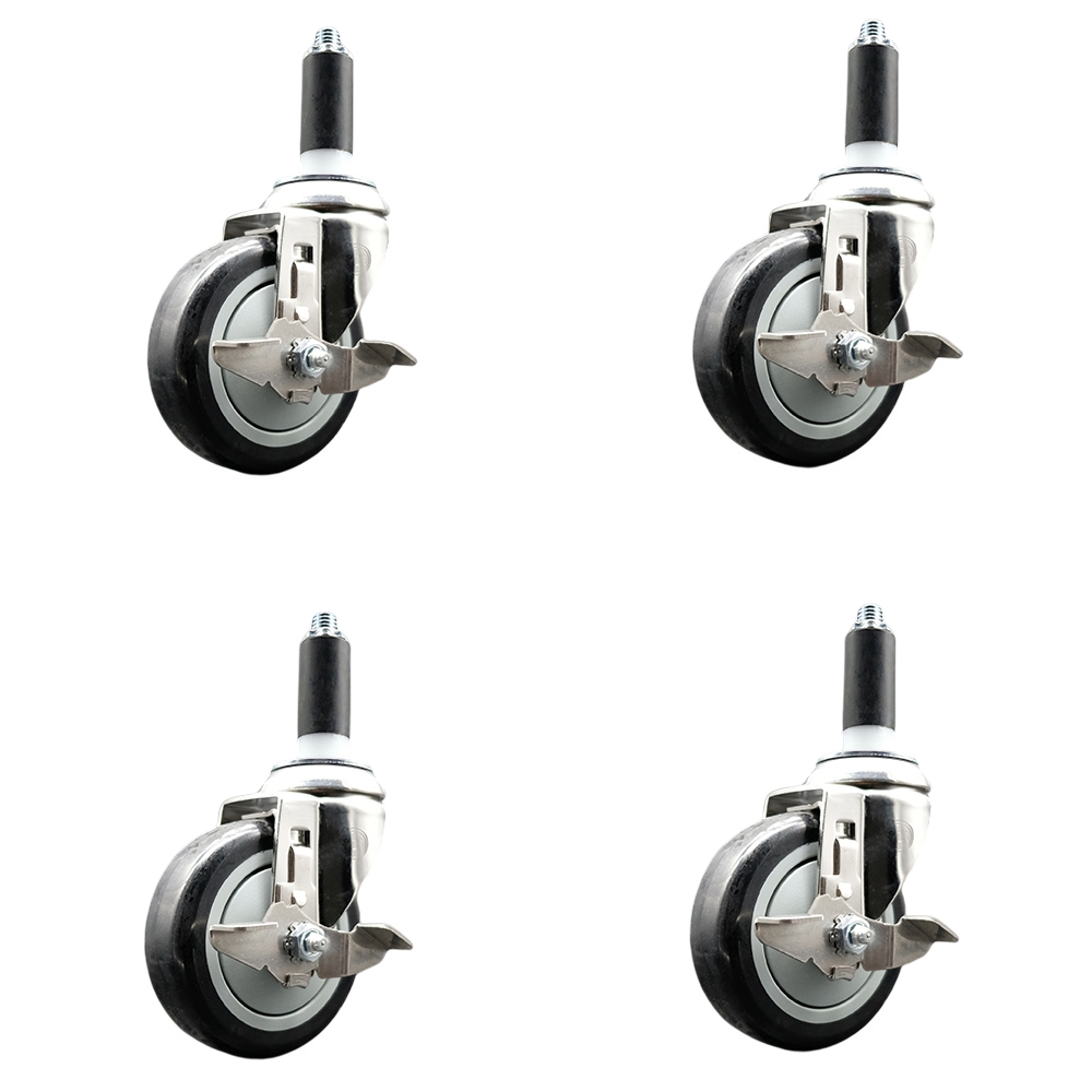 Polyurethane Swivel Stem Caster Set of 4 with 4 Inch Black Caster Wheels - 1-1/8" Expanding Stems - 316 Stainless Steel Casters - Includes 4 Swivel Casters with Top Lock Brakes - Service Caster Brand — photo 1