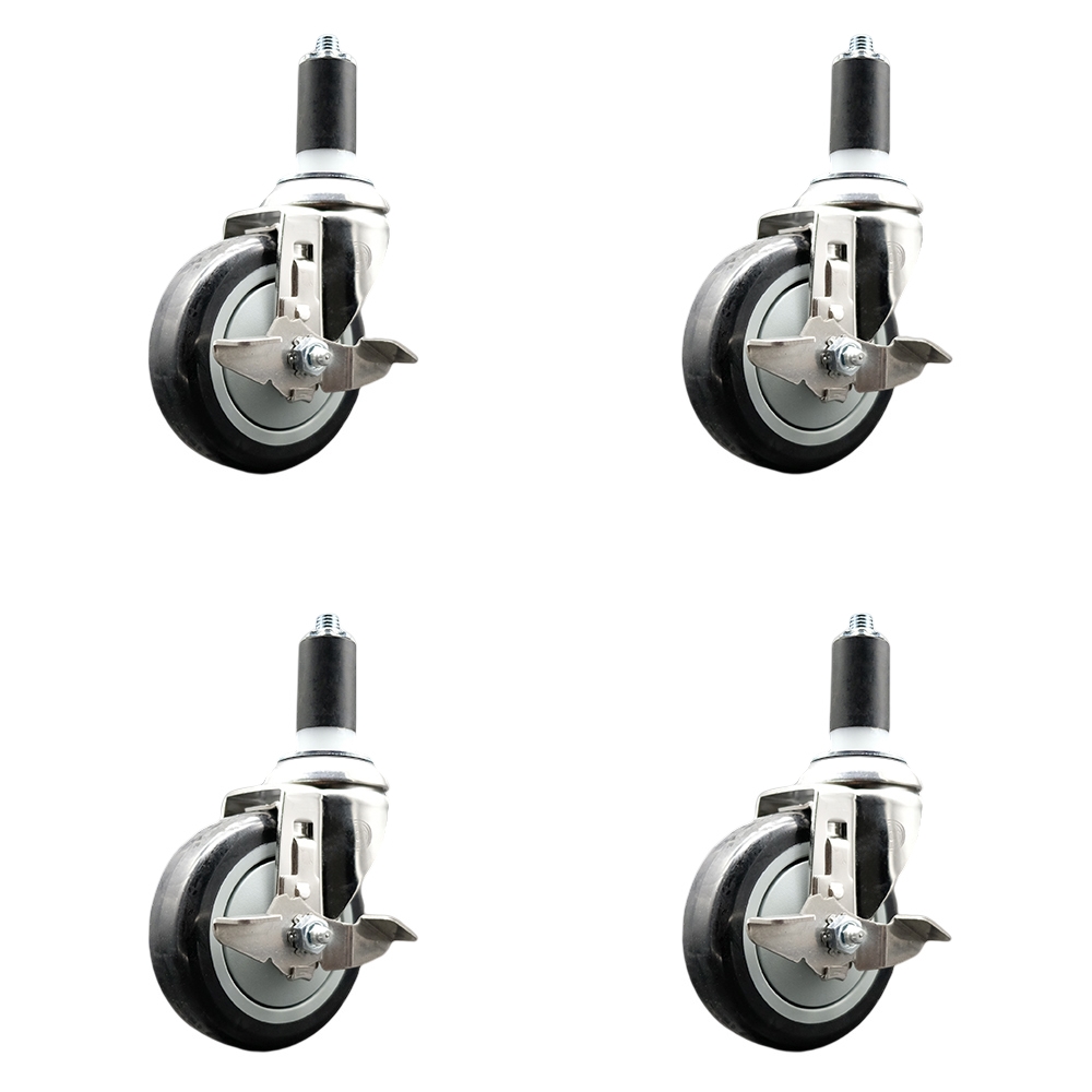 Polyurethane Swivel Stem Caster Set of 4 with 4 Inch Black Caster Wheels - 1-3/8" Expanding Stems - 316 Stainless Steel Casters - Includes 4 Swivel Casters with Top Lock Brakes - Service Caster Brand — photo 1