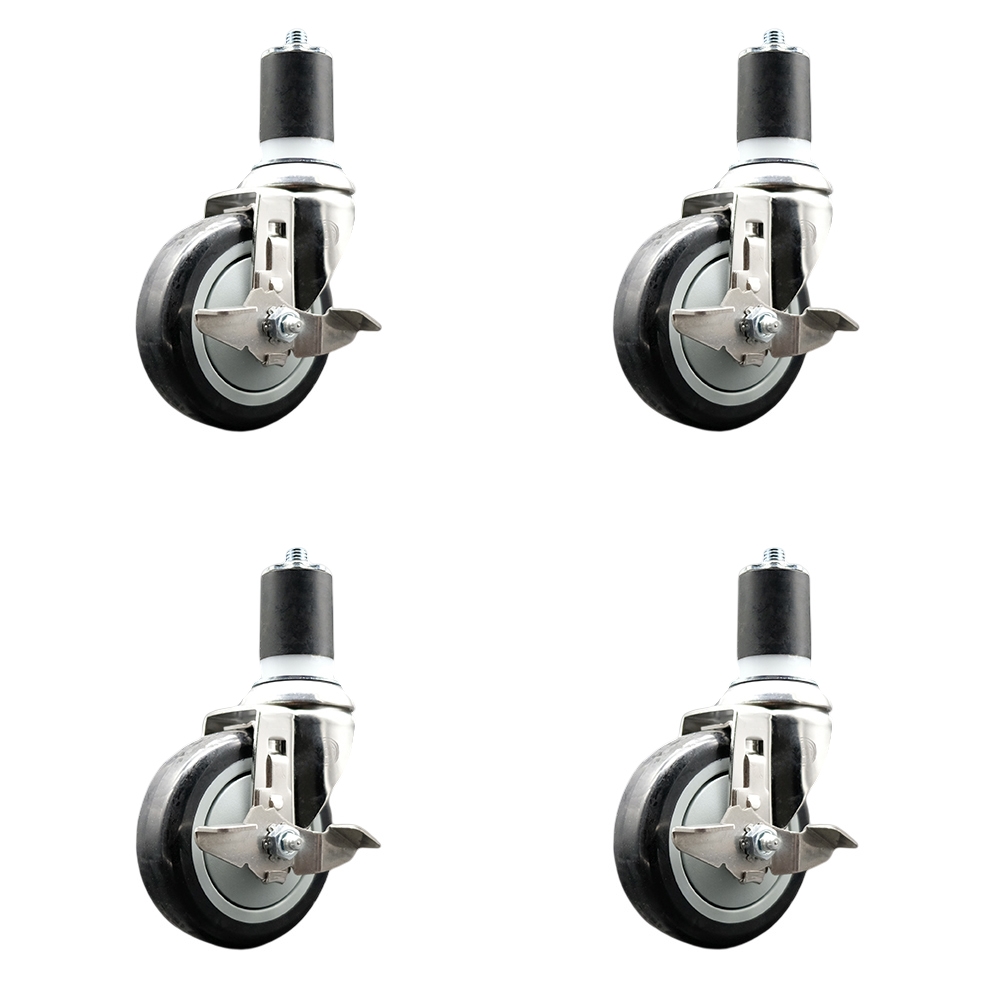Polyurethane Swivel Stem Caster Set of 4 with 4 Inch Black Caster Wheels - 1-7/8" Expanding Stems - 316 Stainless Steel Casters - Includes 4 Swivel Casters with Top Lock Brakes - Service Caster Brand — photo 1