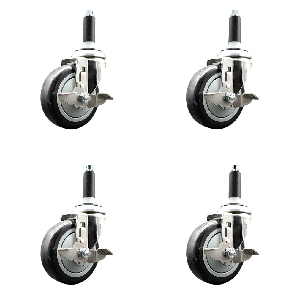 Polyurethane Swivel Stem Caster Set of 4 with 4 Inch Black Caster Wheels - 3/4" Expanding Stems - 316 Stainless Steel Casters - Includes 4 Swivel Casters with Top Lock Brakes - Service Caster Brand — photo 1