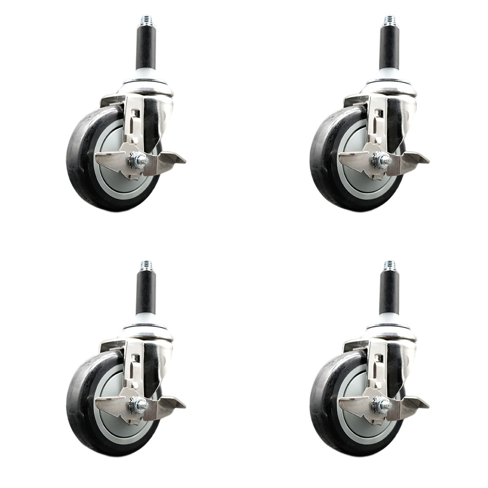 Polyurethane Swivel Stem Caster Set of 4 with 4 Inch Black Caster Wheels - 7/8" Expanding Stems - 316 Stainless Steel Casters - Includes 4 Swivel Casters with Top Lock Brakes - Service Caster Brand — photo 1