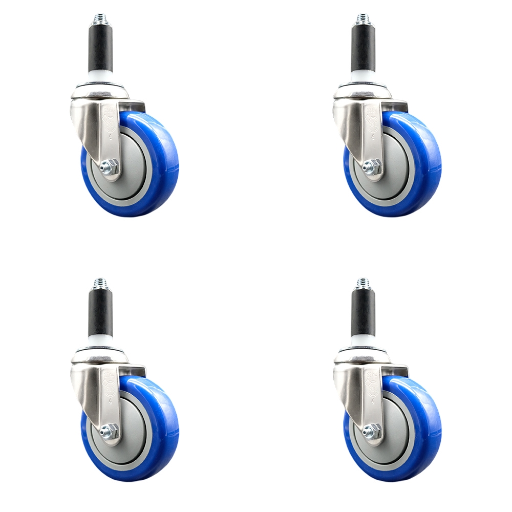 Polyurethane Swivel Stem Caster Set of 4 with 4 Inch Blue Caster Wheels - 1" Expanding Stems - 316 Stainless Steel Casters - Includes 4 Swivel Casters - Service Caster Brand — photo 1