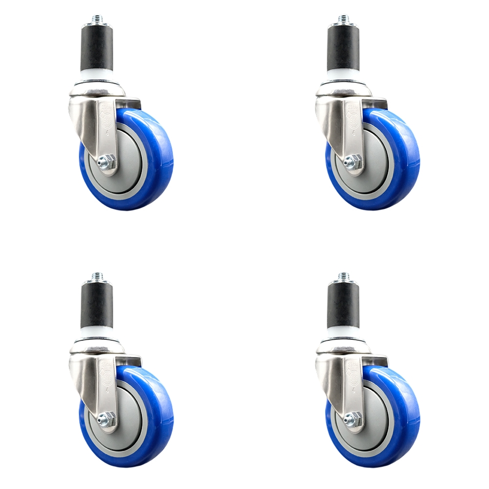 Polyurethane Swivel Stem Caster Set of 4 with 4 Inch Blue Caster Wheels - 1-1/2" Expanding Stems - 316 Stainless Steel Casters - Includes 4 Swivel Casters - Service Caster Brand — photo 1