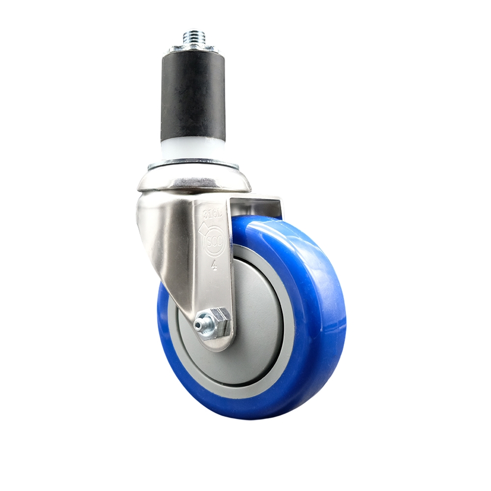 Polyurethane Swivel Stem Caster with 4 Inch Blue Caster Wheel - 1-1/2" Expanding Stem - 316 Stainless Steel Caster - 350 lbs. Capacity Per Caster - Service Caster Brand — photo 1