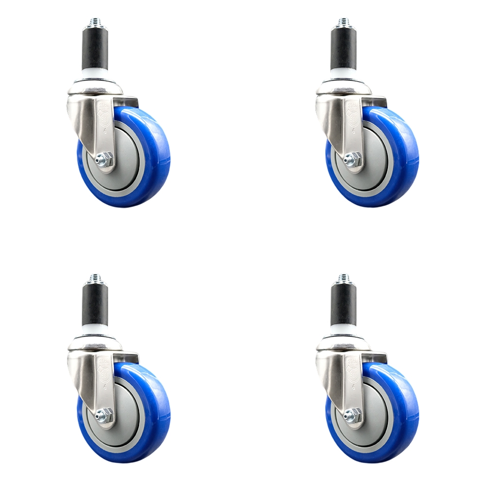 Polyurethane Swivel Stem Caster Set of 4 with 4 Inch Blue Caster Wheels - 1-1/4" Expanding Stems - 316 Stainless Steel Casters - Includes 4 Swivel Casters - Service Caster Brand — photo 1