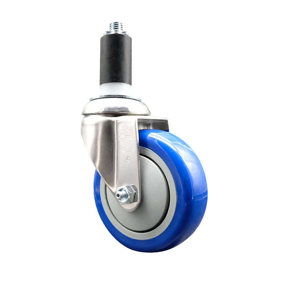 Polyurethane Swivel Stem Caster with 4 Inch Blue Caster Wheel - 1-1/4" Expanding Stem - 316 Stainless Steel Caster - 350 lbs. Capacity Per Caster - Service Caster Brand — photo 1