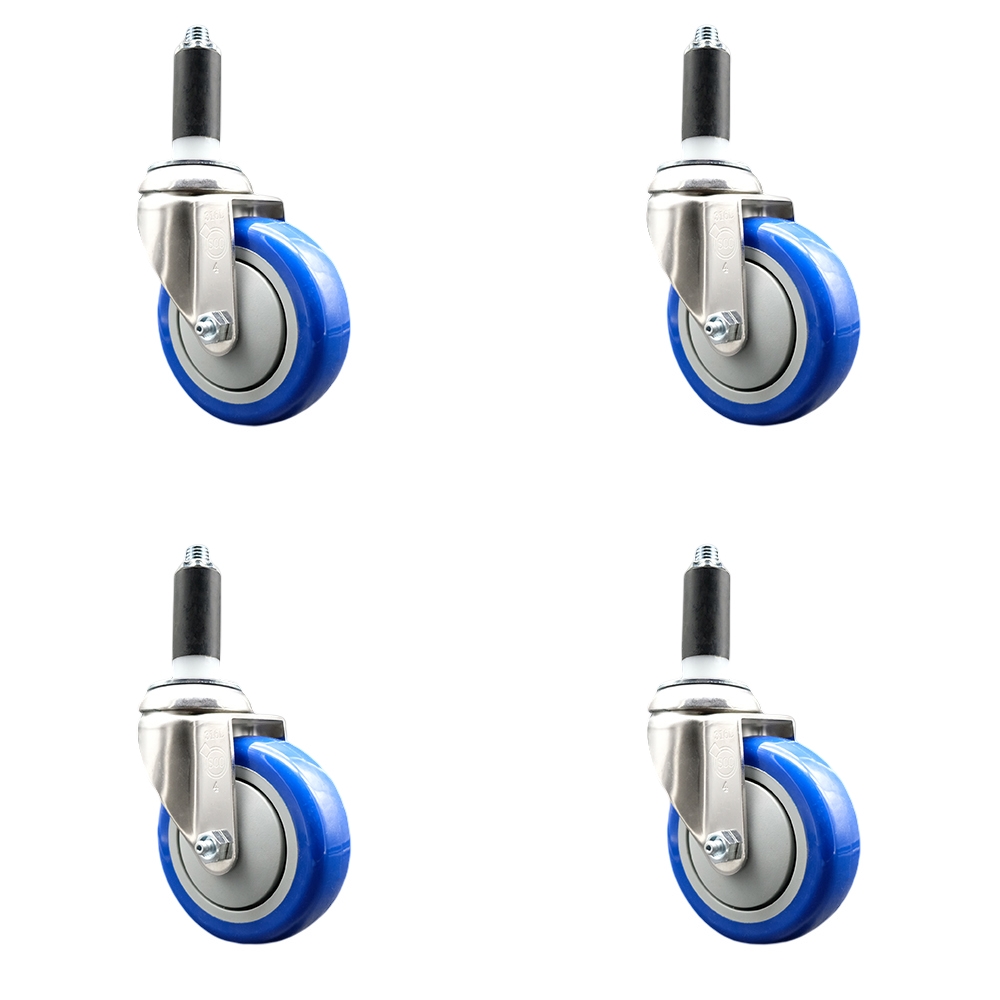 Polyurethane Swivel Stem Caster Set of 4 with 4 Inch Blue Caster Wheels - 1-1/8" Expanding Stems - 316 Stainless Steel Casters - Includes 4 Swivel Casters - Service Caster Brand — photo 1