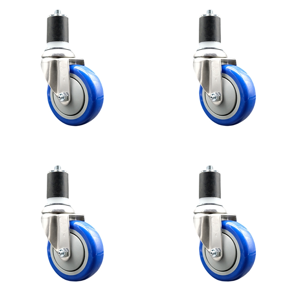 Polyurethane Swivel Stem Caster Set of 4 with 4 Inch Blue Caster Wheels - 1-3/4" Expanding Stems - 316 Stainless Steel Casters - Includes 4 Swivel Casters - Service Caster Brand — photo 1