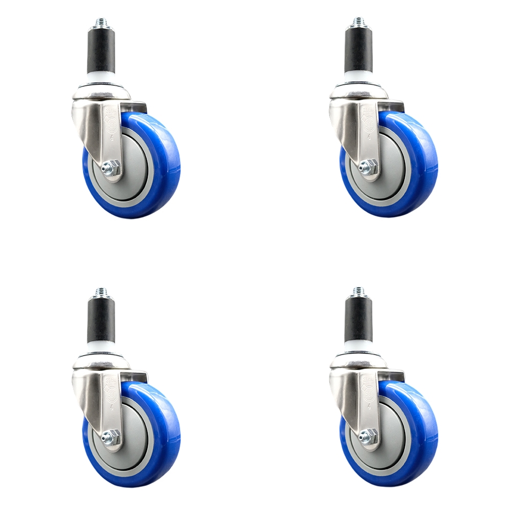 Polyurethane Swivel Stem Caster Set of 4 with 4 Inch Blue Caster Wheels - 1-3/8" Expanding Stems - 316 Stainless Steel Casters - Includes 4 Swivel Casters - Service Caster Brand — photo 1