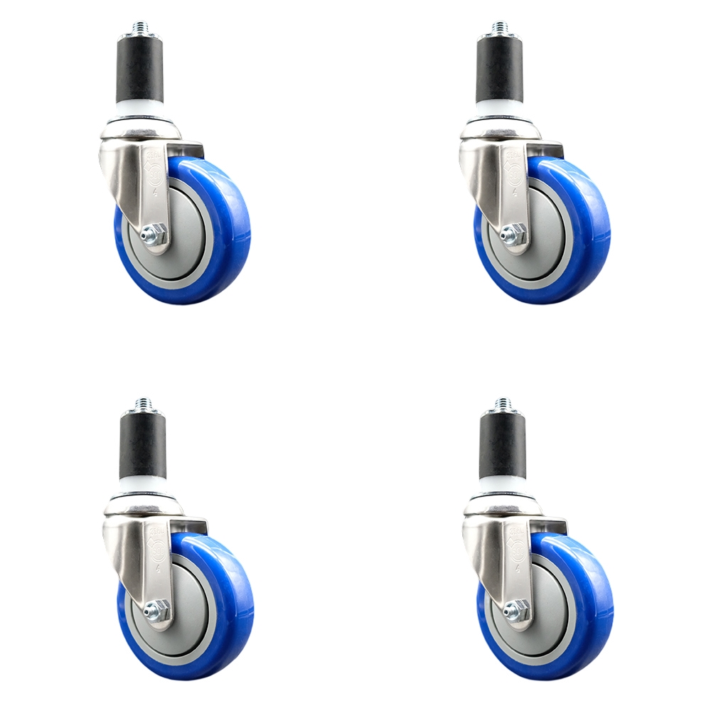 Polyurethane Swivel Stem Caster Set of 4 with 4 Inch Blue Caster Wheels - 1-5/8" Expanding Stems - 316 Stainless Steel Casters - Includes 4 Swivel Casters - Service Caster Brand — photo 1