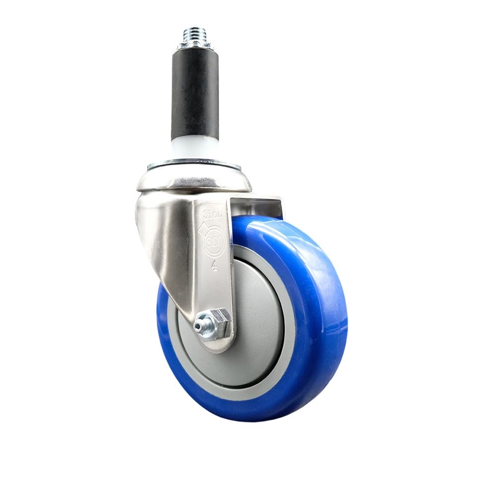 Polyurethane Swivel Stem Caster with 4 Inch Blue Caster Wheel - 1" Expanding Stem - 316 Stainless Steel Caster - 350 lbs. Capacity Per Caster - Service Caster Brand — photo 1