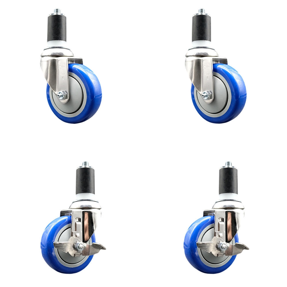Polyurethane Swivel Stem Caster Set of 4 with 4 Inch Blue Caster Wheels - 1-1/2" Expanding Stems - 316 Stainless Steel Casters-Includes 2 Swivel with Top Lock Brakes and 2 Swivel-Service Caster Brand — photo 1