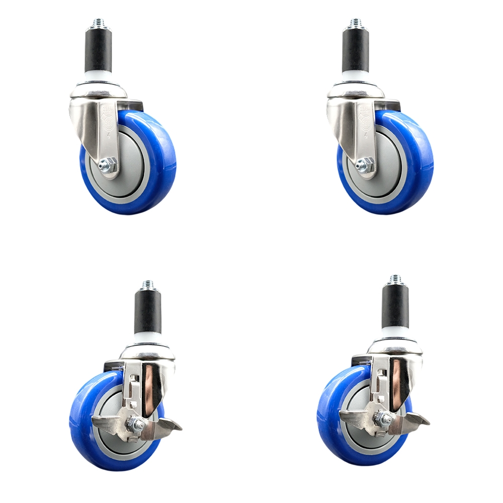 Polyurethane Swivel Stem Caster Set of 4 with 4 Inch Blue Caster Wheels - 1-1/4" Expanding Stems - 316 Stainless Steel Casters-Includes 2 Swivel with Top Lock Brakes and 2 Swivel-Service Caster Brand — photo 1