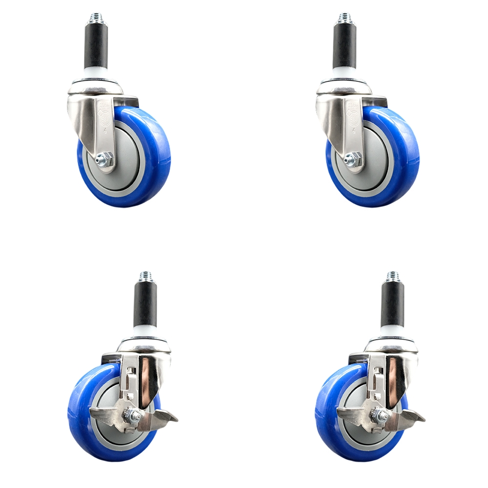 Polyurethane Swivel Stem Caster Set of 4 with 4 Inch Blue Caster Wheels - 1-1/8" Expanding Stems - 316 Stainless Steel Casters-Includes 2 Swivel with Top Lock Brakes and 2 Swivel-Service Caster Brand — photo 1
