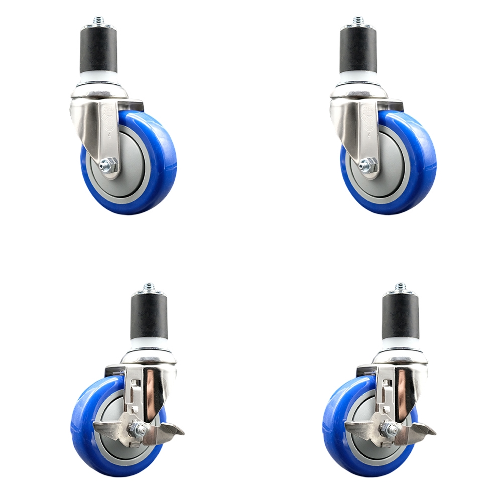 Polyurethane Swivel Stem Caster Set of 4 with 4 Inch Blue Caster Wheels - 1-3/4" Expanding Stems - 316 Stainless Steel Casters-Includes 2 Swivel with Top Lock Brakes and 2 Swivel-Service Caster Brand — photo 1