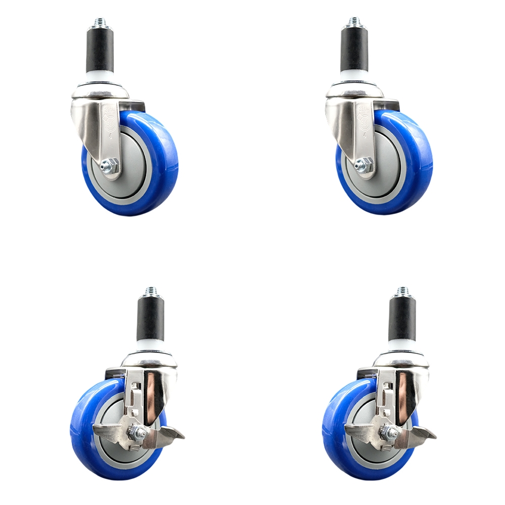 Polyurethane Swivel Stem Caster Set of 4 with 4 Inch Blue Caster Wheels - 1-3/8" Expanding Stems - 316 Stainless Steel Casters-Includes 2 Swivel with Top Lock Brakes and 2 Swivel-Service Caster Brand — photo 1