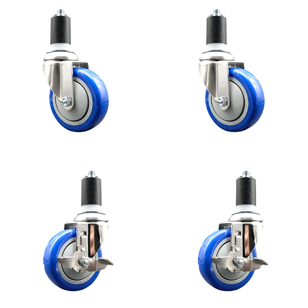 Polyurethane Swivel Stem Caster Set of 4 with 4 Inch Blue Caster Wheels - 1-5/8" Expanding Stems - 316 Stainless Steel Casters-Includes 2 Swivel with Top Lock Brakes and 2 Swivel-Service Caster Brand — photo 1