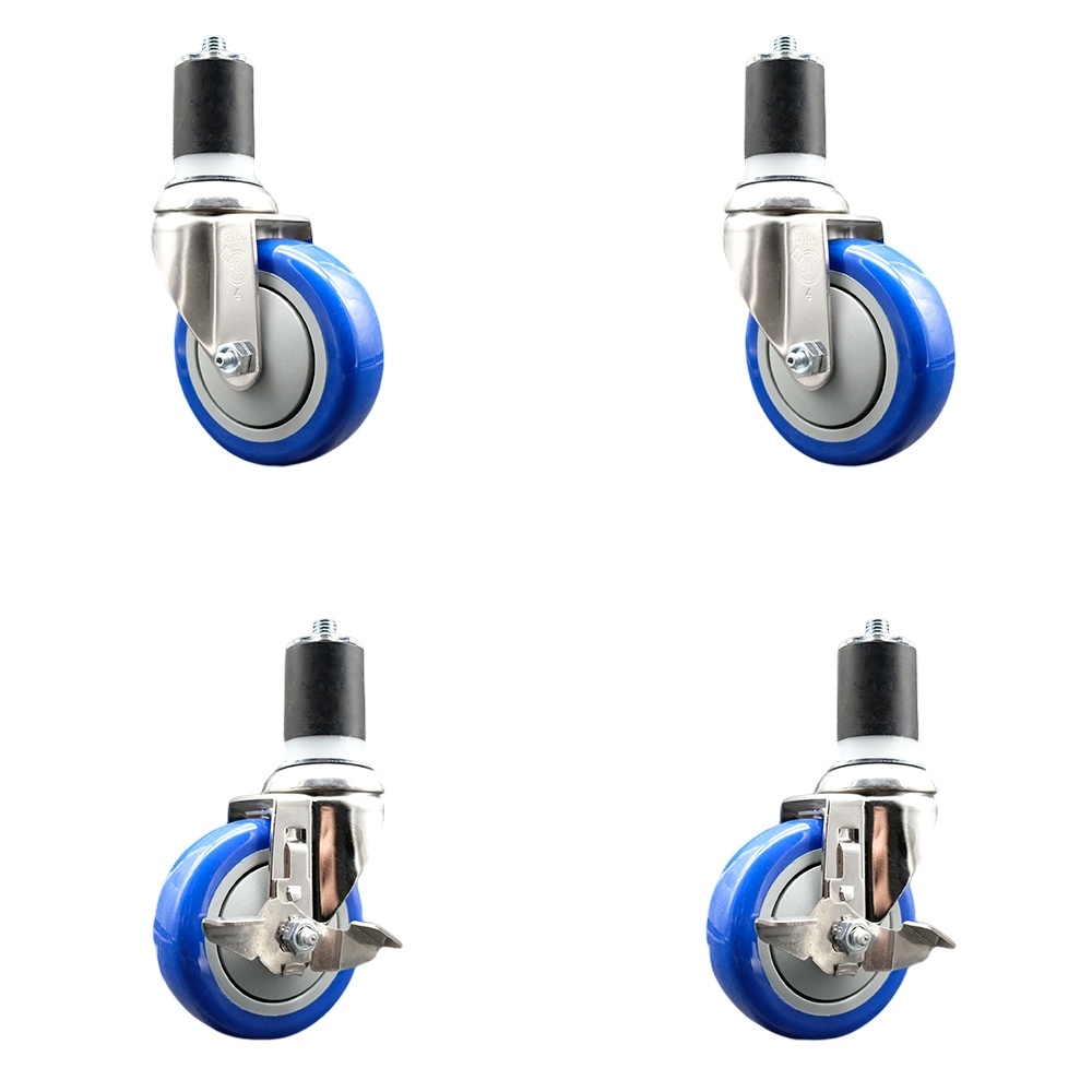 Polyurethane Swivel Stem Caster Set of 4 with 4 Inch Blue Caster Wheels - 1-7/8" Expanding Stems - 316 Stainless Steel Casters-Includes 2 Swivel with Top Lock Brakes and 2 Swivel-Service Caster Brand — photo 1