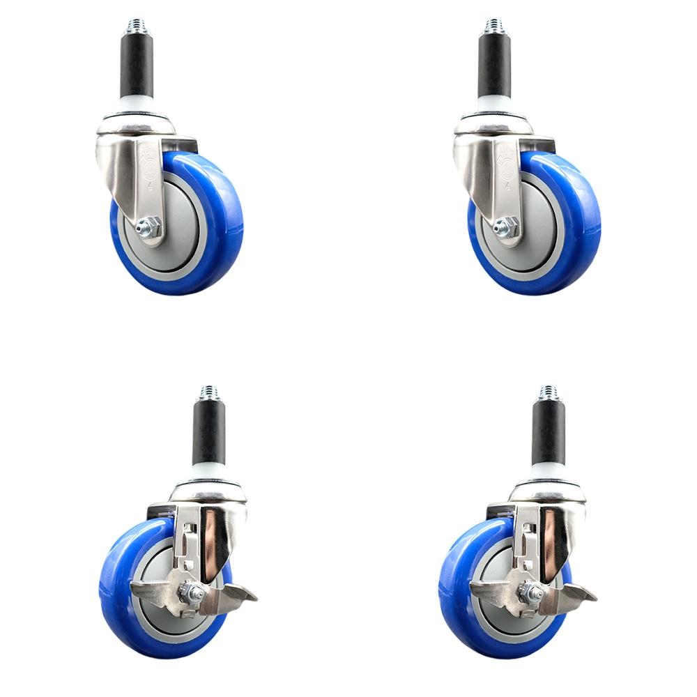 Polyurethane Swivel Stem Caster Set of 4 with 4 Inch Blue Caster Wheels - 1" Expanding Stems - 316 Stainless Steel Casters - Includes 2 Swivel with Top Lock Brakes and 2 Swivel - Service Caster Brand — photo 1