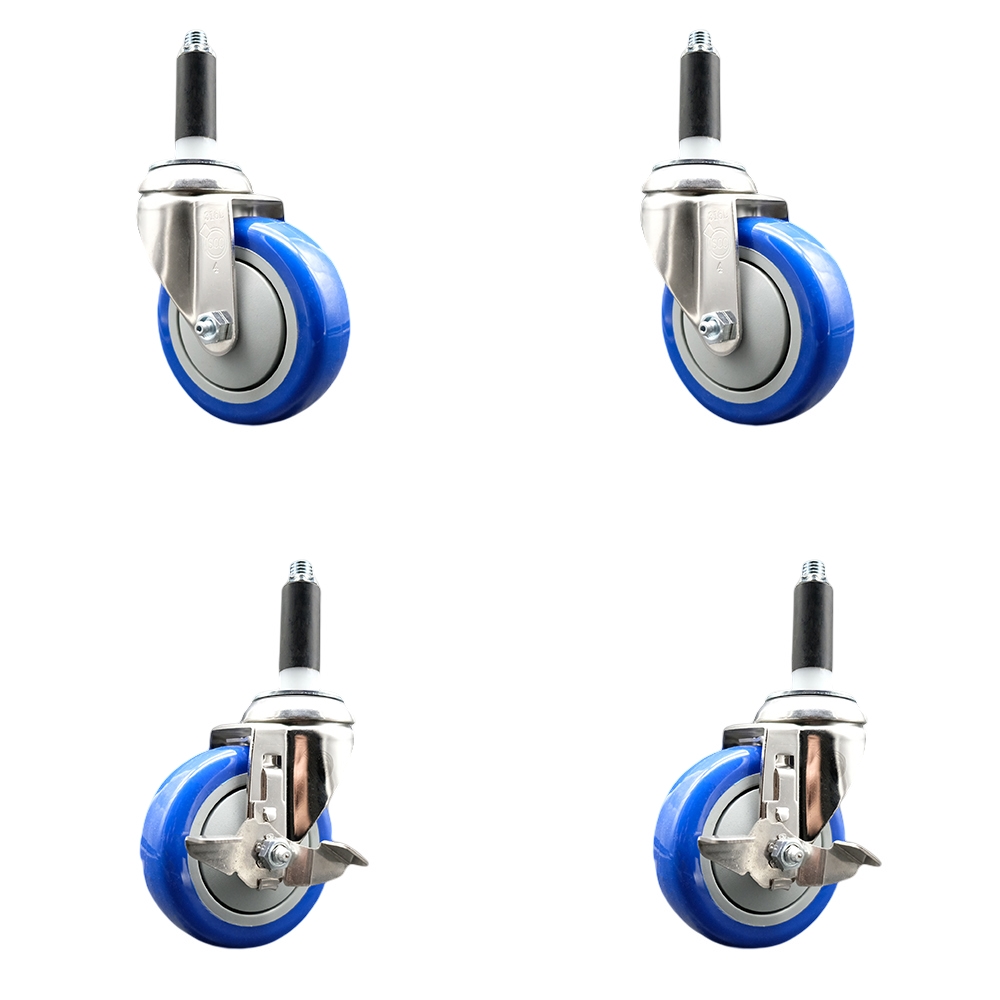 Polyurethane Swivel Stem Caster Set of 4 with 4 Inch Blue Caster Wheels - 3/4" Expanding Stems - 316 Stainless Steel Casters - Includes 2 Swivel with Top Lock Brakes and 2 Swivel-Service Caster Brand — photo 1