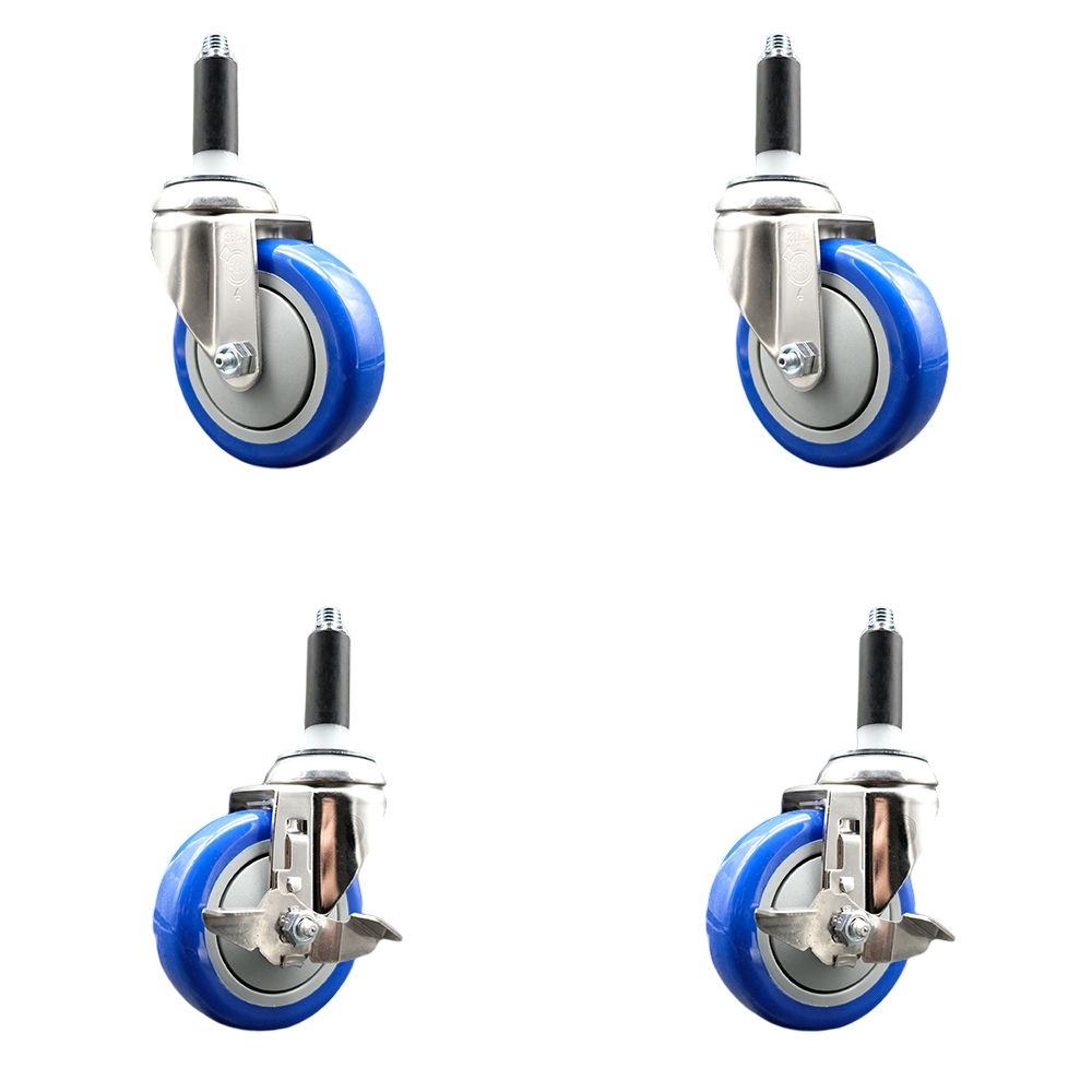 Polyurethane Swivel Stem Caster Set of 4 with 4 Inch Blue Caster Wheels - 7/8" Expanding Stems - 316 Stainless Steel Casters - Includes 2 Swivel with Top Lock Brakes and 2 Swivel-Service Caster Brand — photo 1
