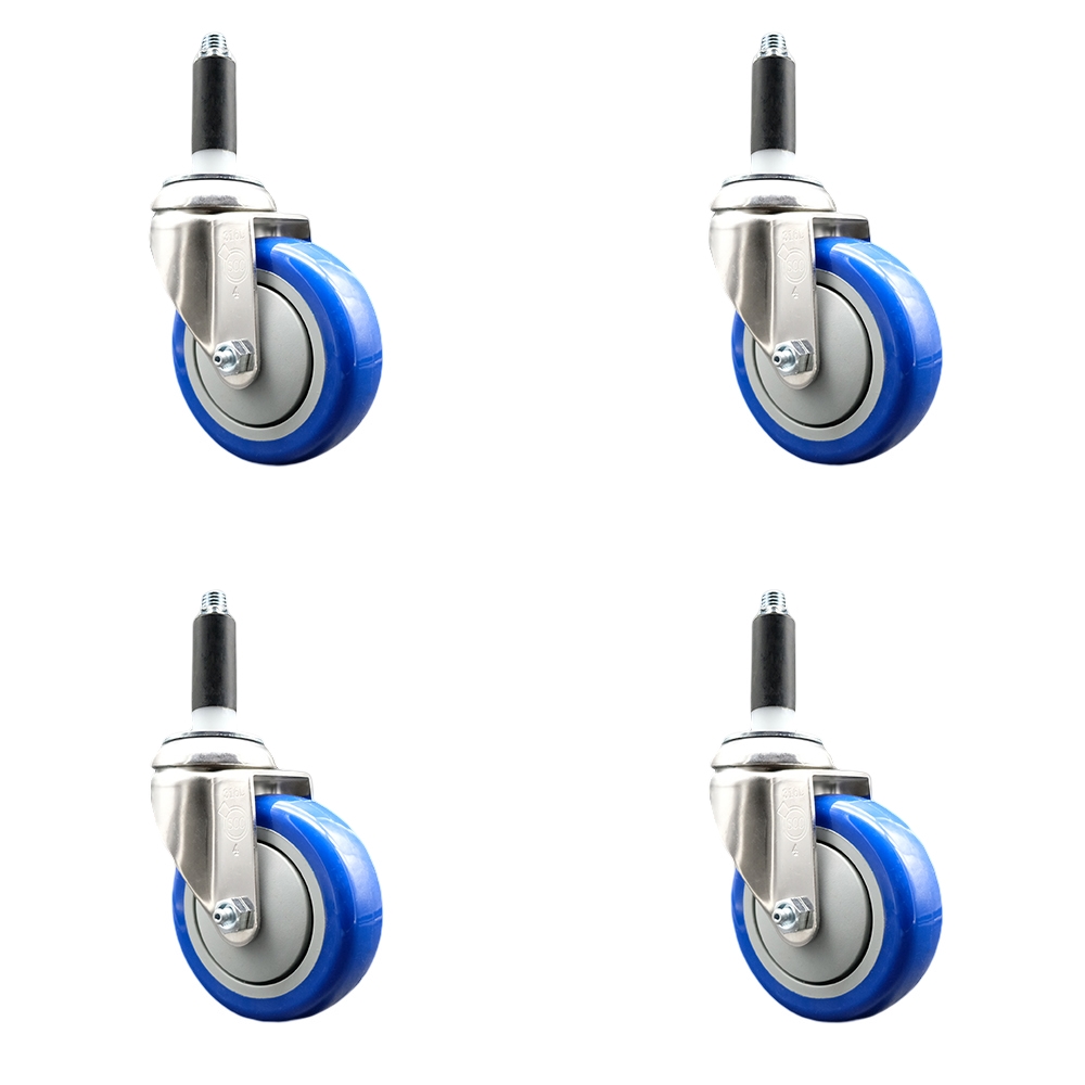Polyurethane Swivel Stem Caster Set of 4 with 4 Inch Blue Caster Wheels - 7/8" Expanding Stems - 316 Stainless Steel Casters - Includes 4 Swivel Casters - Service Caster Brand — photo 1